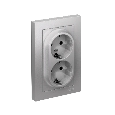 Розетка ATLASDESIGN двойная с заземлением со шторками 16А в сборе алюминий