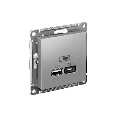 РОЗЕТКА USB ATLASDESIGN A+С, 5В/2,4А, 2х5В/1,2А, механизм, АЛЮМИНИЙ