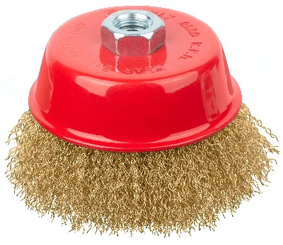 Кордщетка-чашка, гайка М14, стальная латунированная волнистая проволока 100 мм
