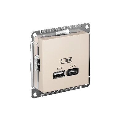 РОЗЕТКА USB ATLASDESIGN A+С, 5В/2,4А, 2х5В/1,2А, механизм, БЕЖЕВЫЙ