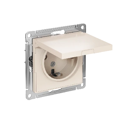 Розетка ATLASDESIGN с заземлением со шторками с крышкой 16А IP20 механизм бежевый