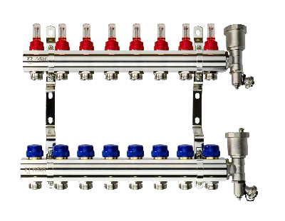 Коллекторная группа FHF-8RF set 8 контуров 1' х 3/4' с расходомерами, воздухоотводчиками и кронштейнами