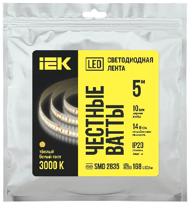 Лента светодиодная 5м SMD2835 168LED/м 14Вт/м IP20 ширина 10мм 24В теплый белый IEK