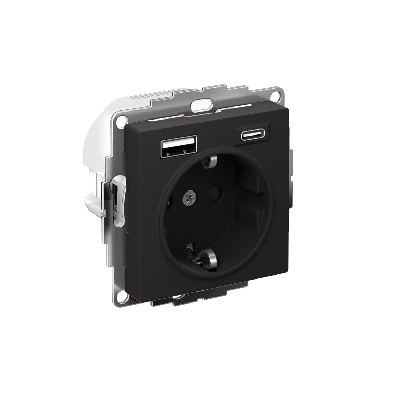 РОЗЕТКА 16А c 2 USB A+С, мех, КАРБОН