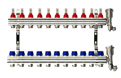Коллекторная группа FHF-11RF set 11 контуров 1' х 3/4' с расходомерами, воздухоотводчиками и кронштейнами