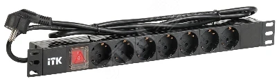 Блок распределения питания PDU 7 розеток DIN49440 с LED выключателем 1U шнур 2м вилка профиль из ПВХ черный (нем.станд)
