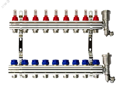 Коллекторная группа FHF-9RF set 9 контуров 1' х 3/4' с расходомерами, воздухоотводчиками и кронштейнами