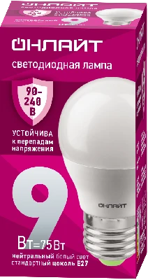 Лампа светодиодная 9вт OLL-G45-9-230-4K-E27-FR ОНЛАЙТ